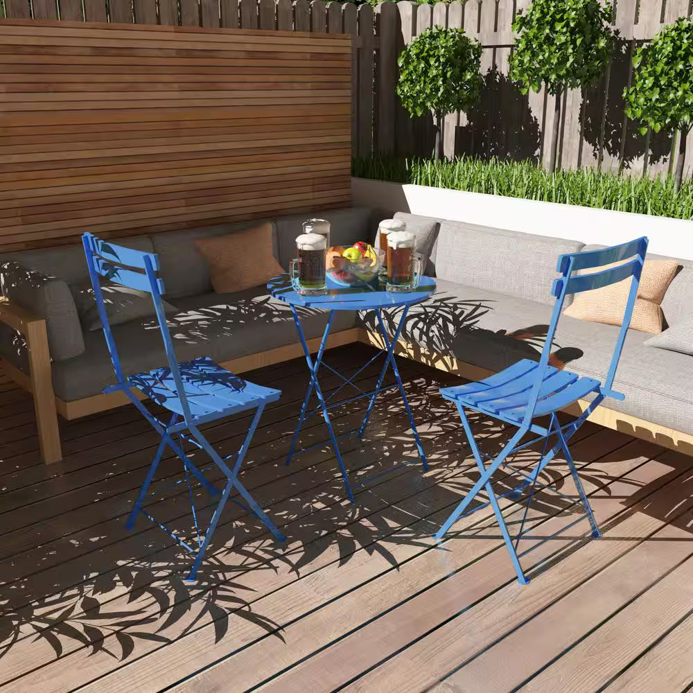 Peacock Blue 3-Piece Metal round 14.7 In. Outdoor Bistroor Outdoor Serving Bar S