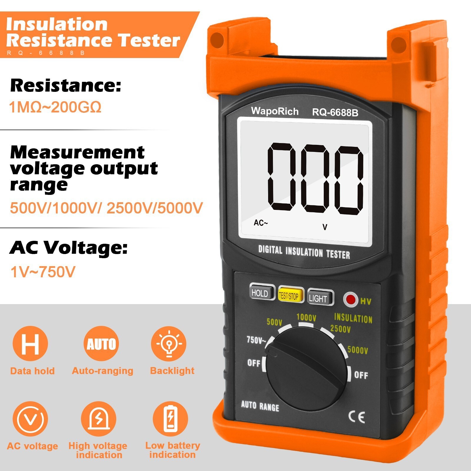Digital 5000V Insulation Tester Megohmmeter,200GΩ,Auto-Ranging, AC Voltage Test