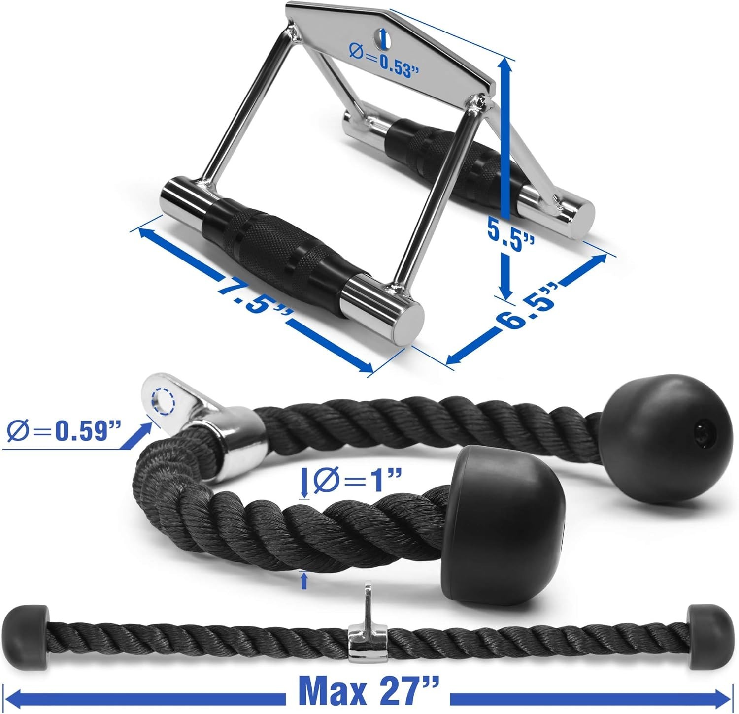 Versatile 2-Piece Gym Cable Attachments: Durable Double D Handle & Tricep Rope