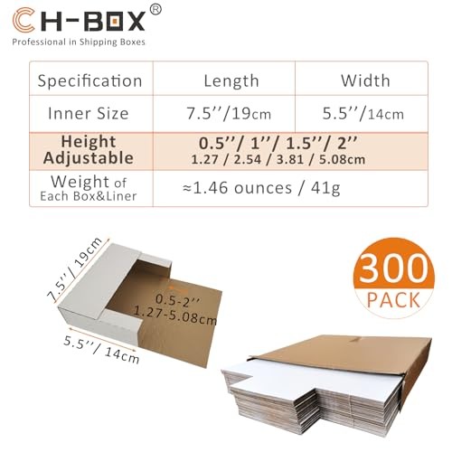 300 Pack 7.5 x 5.5 x 2" Corrugated Easy-Fold Mailers, Height Adjustable Small