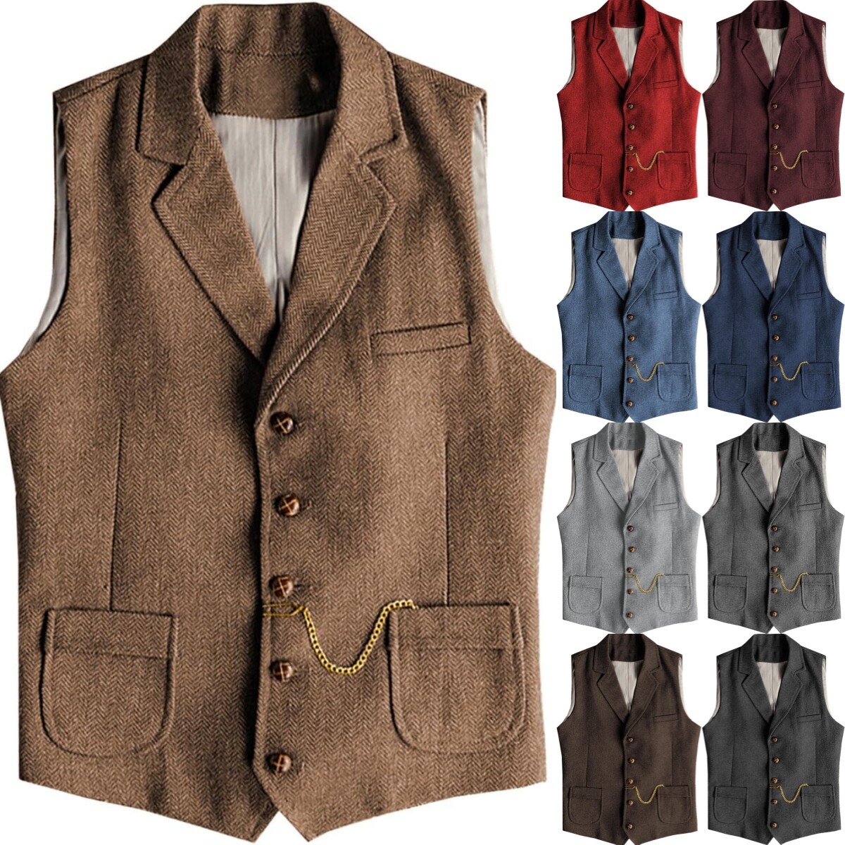 Mens Retro Tweed Vest Vintage Western Wool Herringbone Waistcoat M L XL XXL 3XL