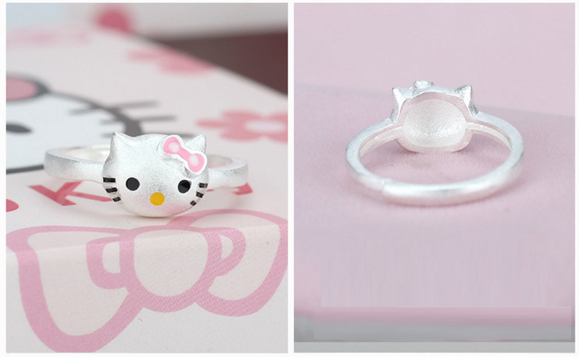 Pink Bow Hello Kitty Cat Kitten Silver Adjustable Ring