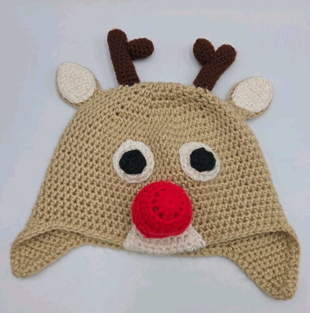 Handmade Crocheted Child's Adults Reindeer Rudolph Hat Ear Flaps NEW
