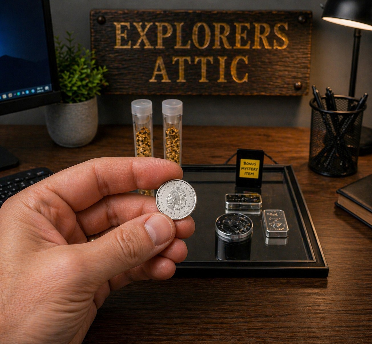 5x .999 Silver Rounds +2 Gold Flakes Vials + Bonus 1/10 oz Silver Aztec Round