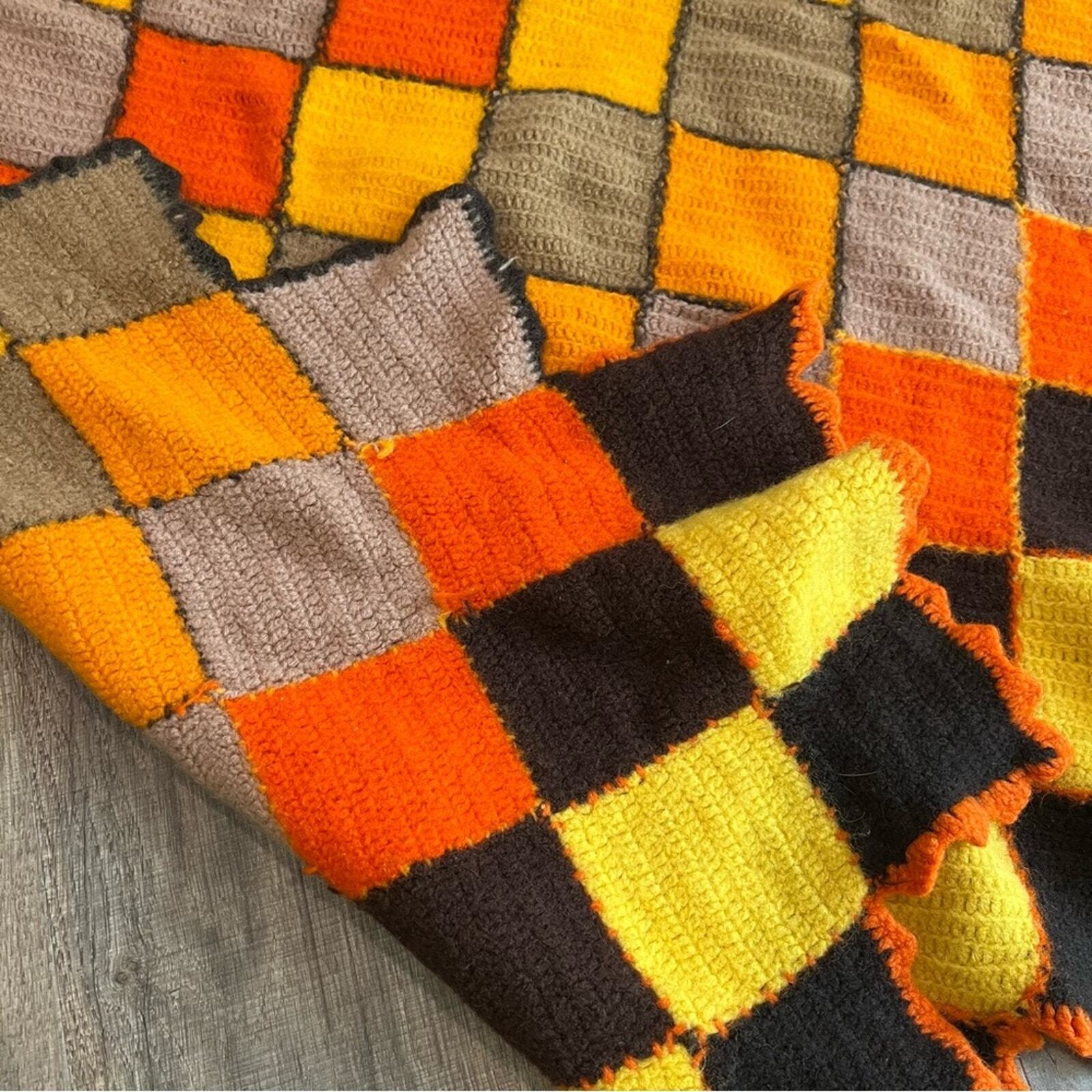 Granny square throw knit blanket 48" x 48" brown orange yellow handmade
