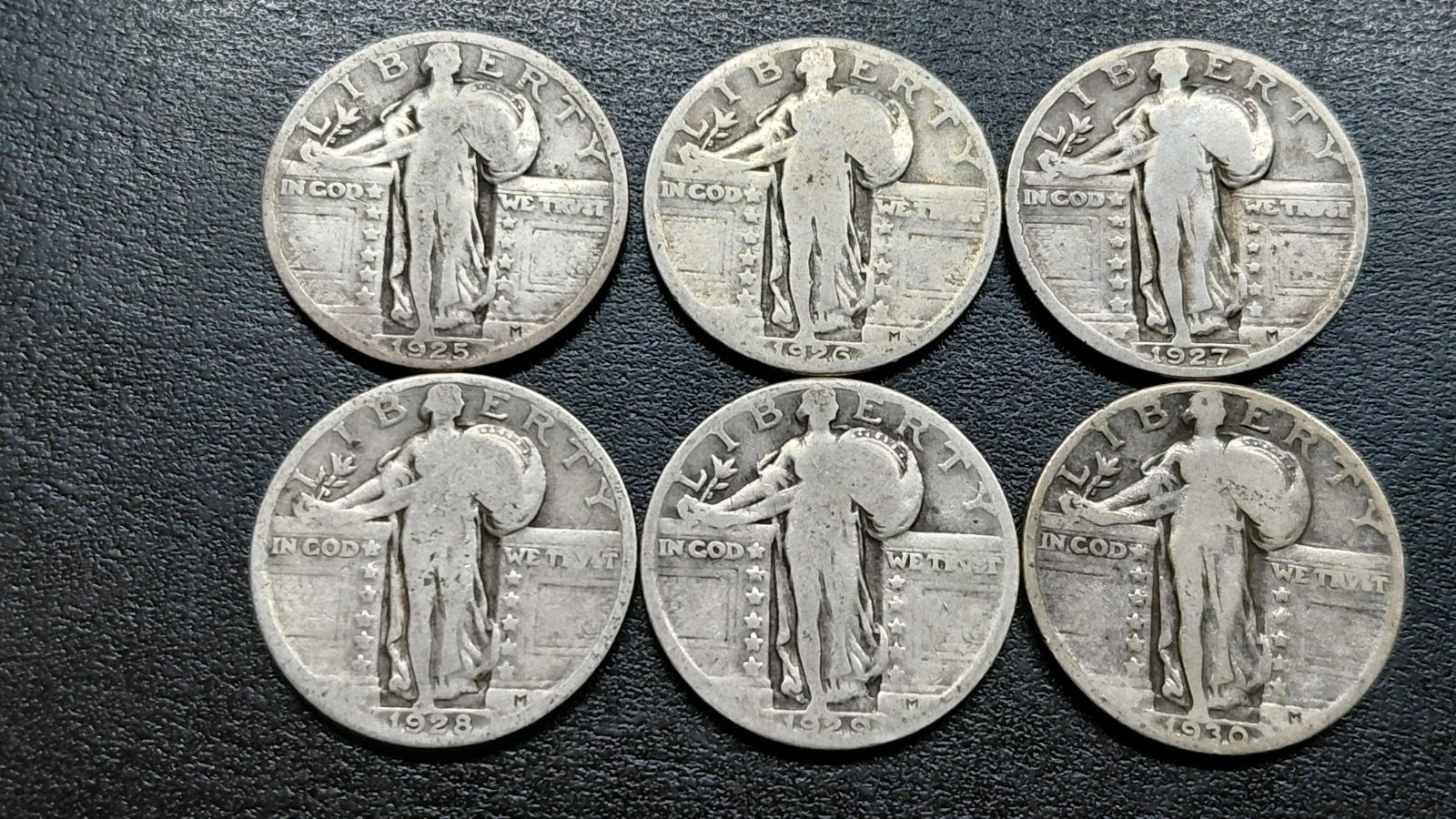 LOT OF 6 STANDING LIBERTY SILVER QUARTERS . 1925 1926 1927 1928 1929 1930