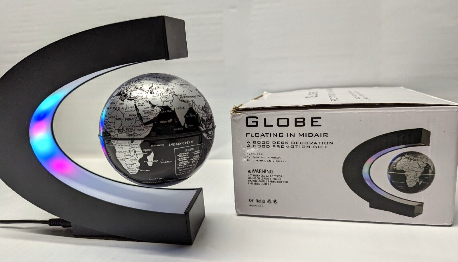 Black Globe Floating Magnetic C Shaped LED World Map Decor
