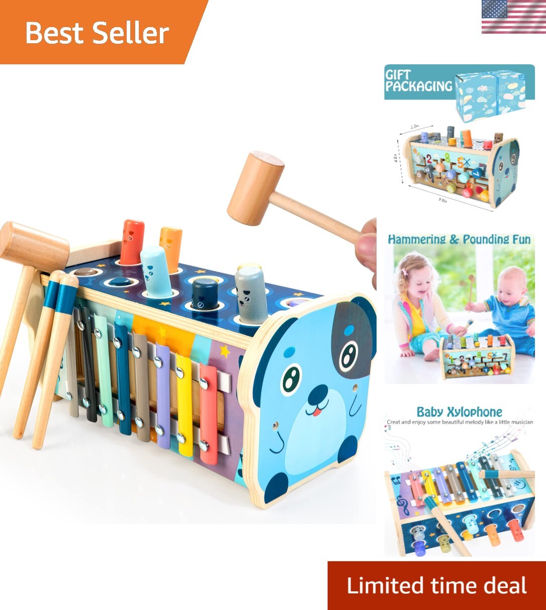 Montessori Wooden Hammering Toy Set for 12+ , Xylophone and Number Maze