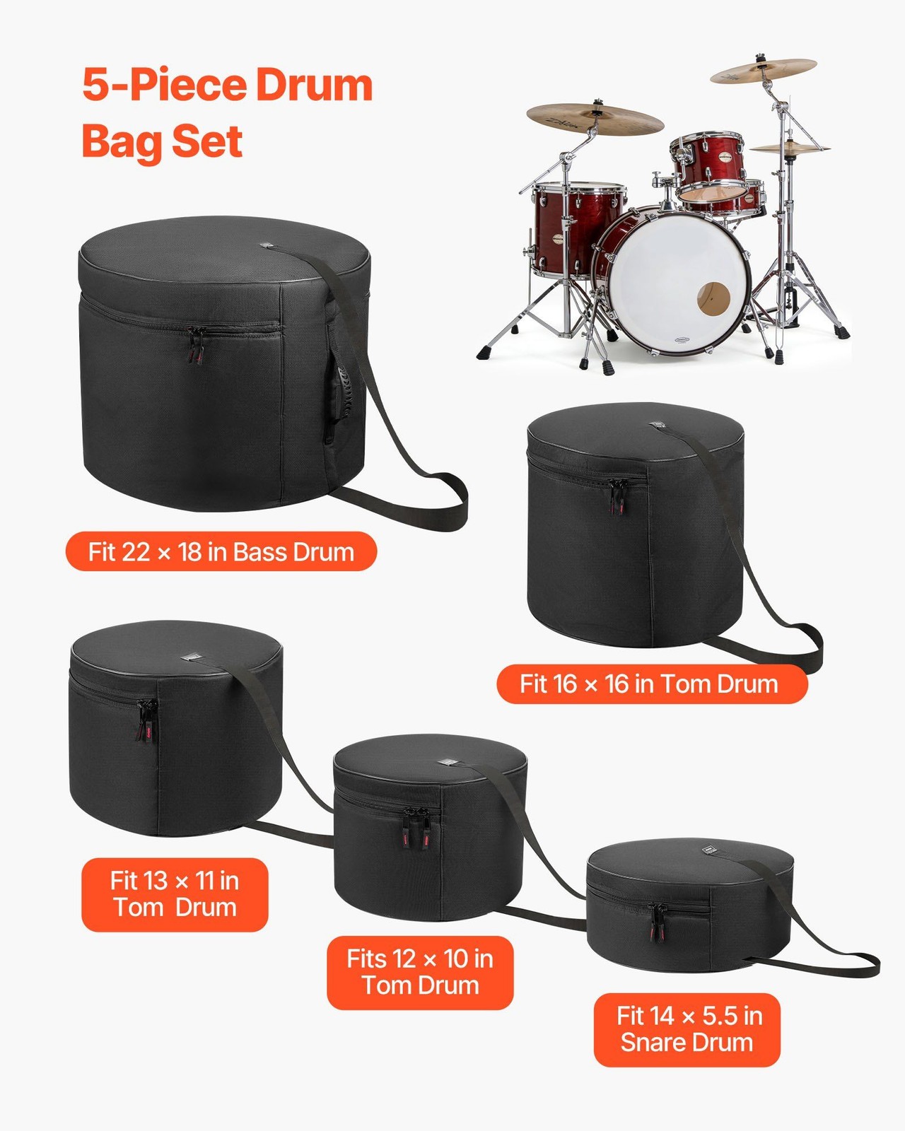 5-Piece Drum Bag Set: 600D Padded Cases for 22" Bass, 12/13/16" Toms, 14" Snare