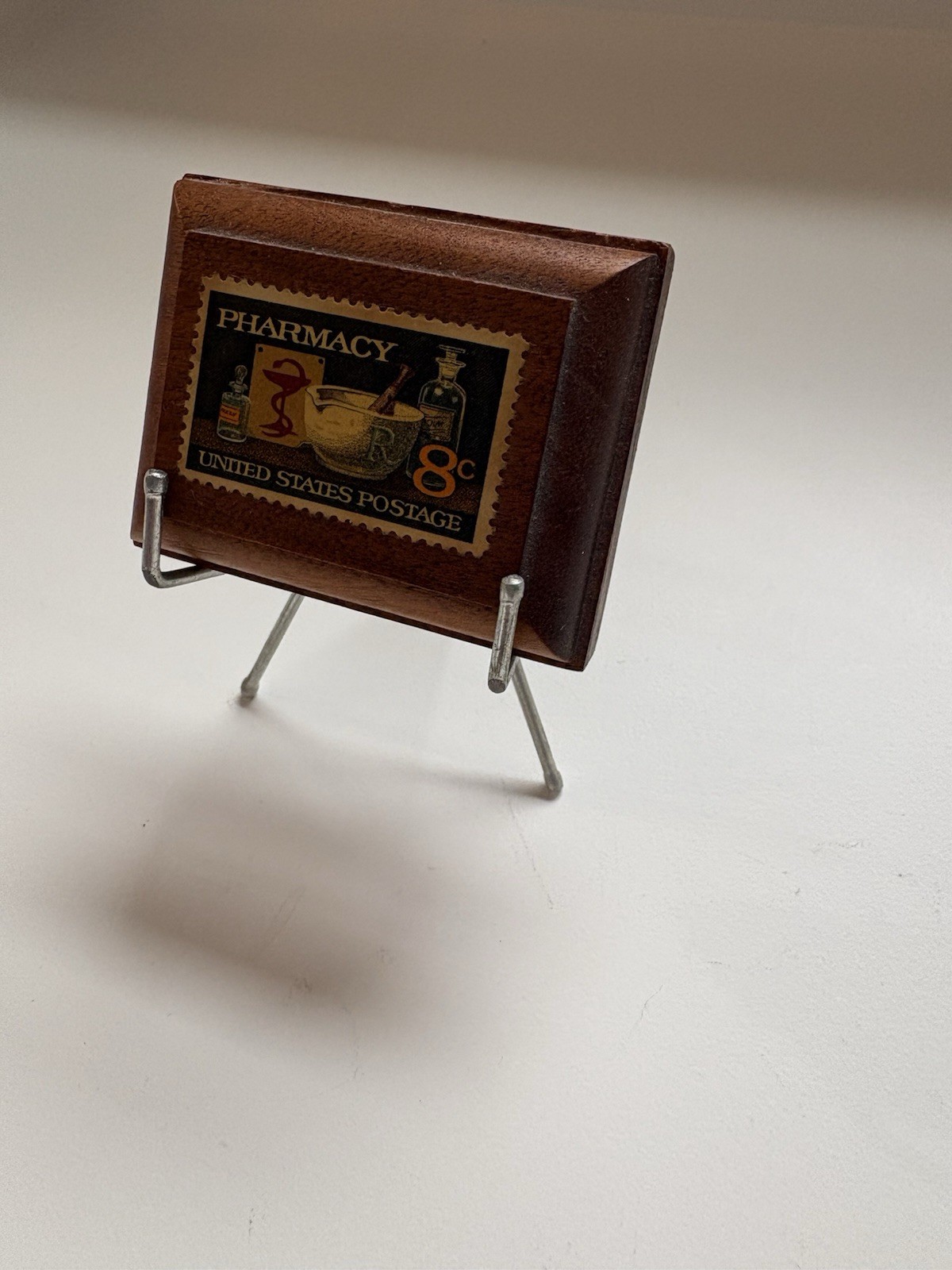 Handmade Framed 8 Cent U.S. Postage Stamp Pharmacy 1972 on miniature easel