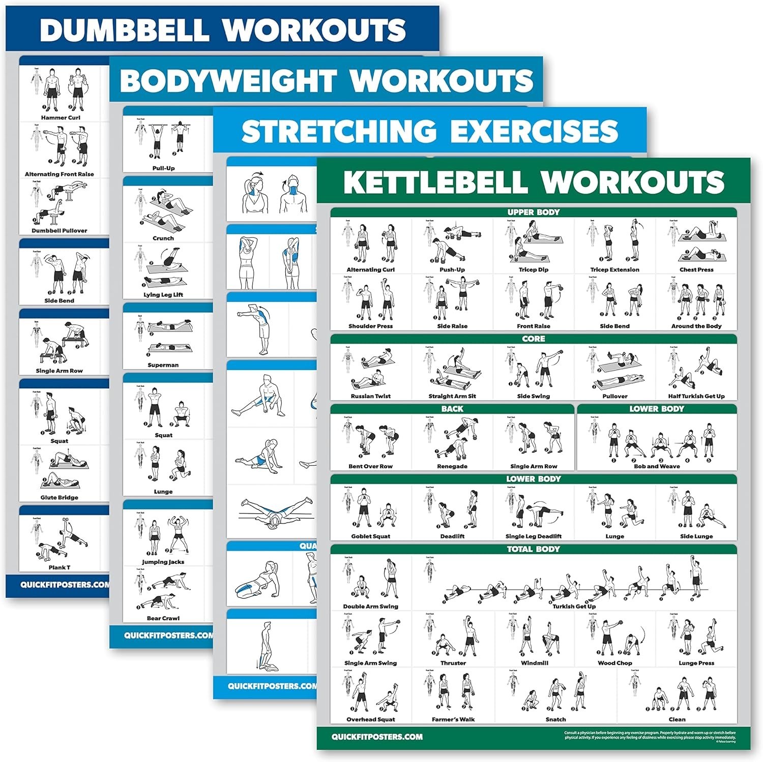 4 Pack Workout Charts: Dumbbell, Bodyweight, Stretching & Kettlebell (18” X 24”)