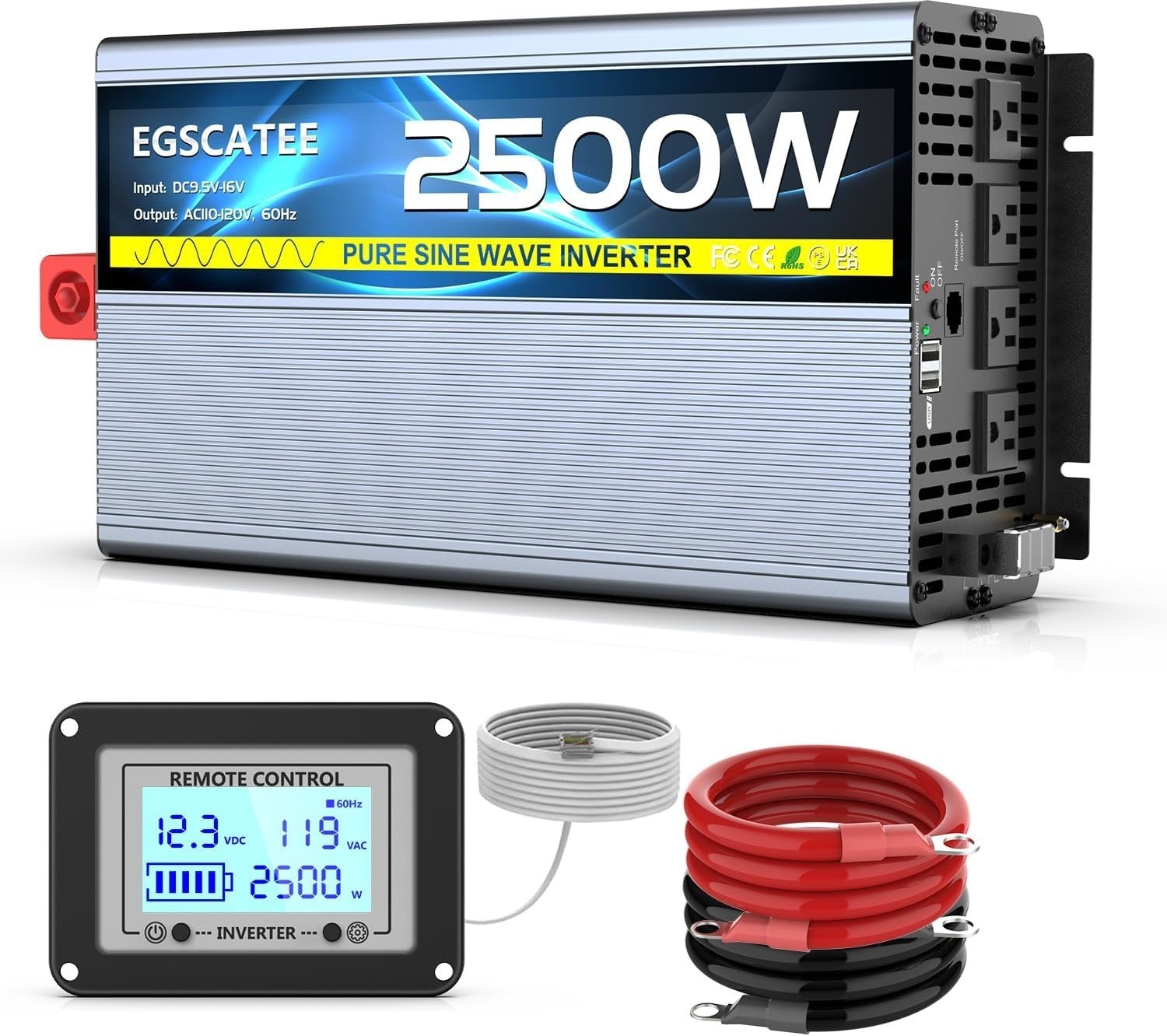12V 2500W Pure Sine Wave Inverter 12V DC to 110V/120V AC Converter w/ 4AC Outlet