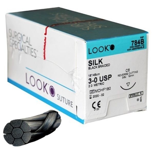 Look X784B Silk Reverse Cutting Sutures 3-0 Black 18" C6 3/8 Circle 12/Pk