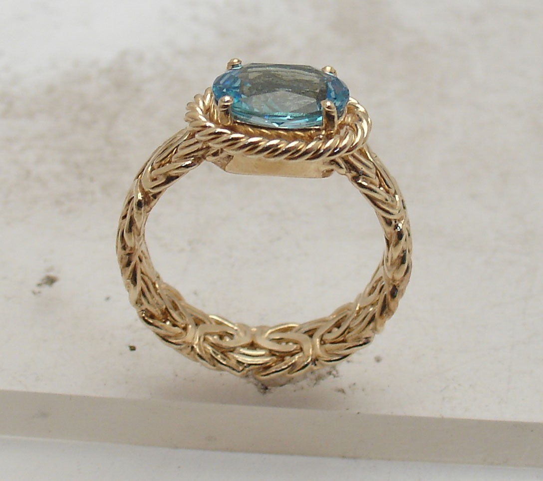 Unique Size 7 Technibond Blue Topaz Byzantine Ring 14K Yellow Gold Plated Silver