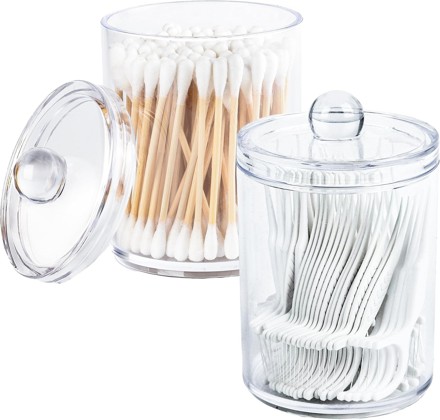 Clear Bathroom Organizer with Lid - 2-Pack Cotton Ball and Cotton Swab Storage T