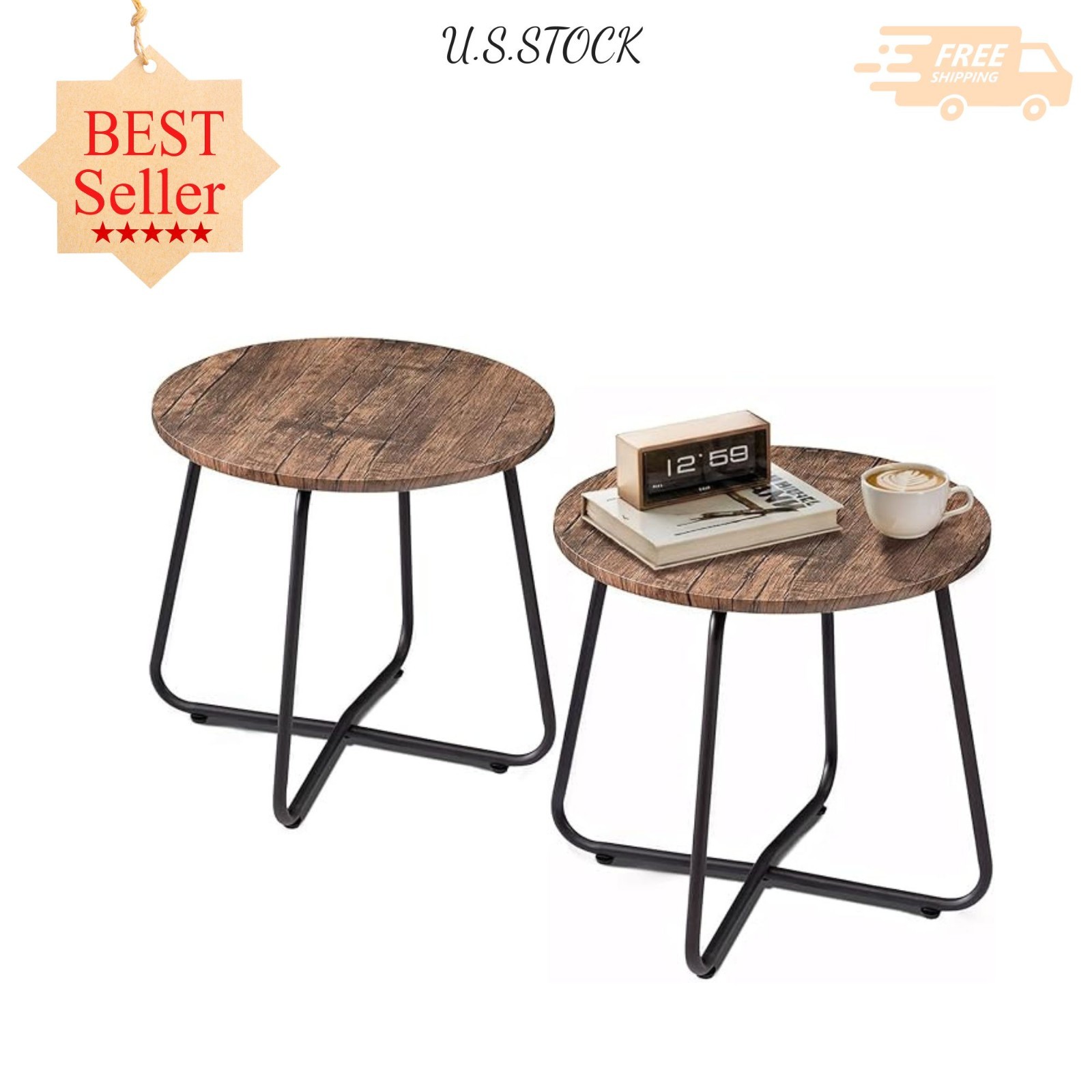 17.7" Small Round Outdoor Side Table, Waterproof Wood Patio End Table