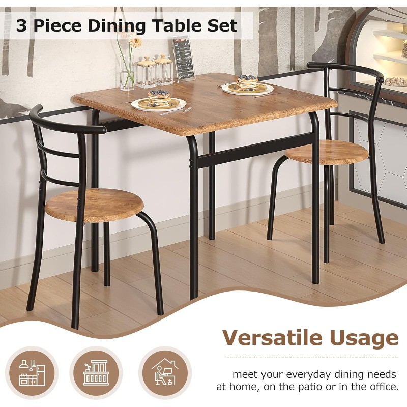 3 Piece Dining Table & Chairs Set for 2, Metal and Wooden Square Kitchen