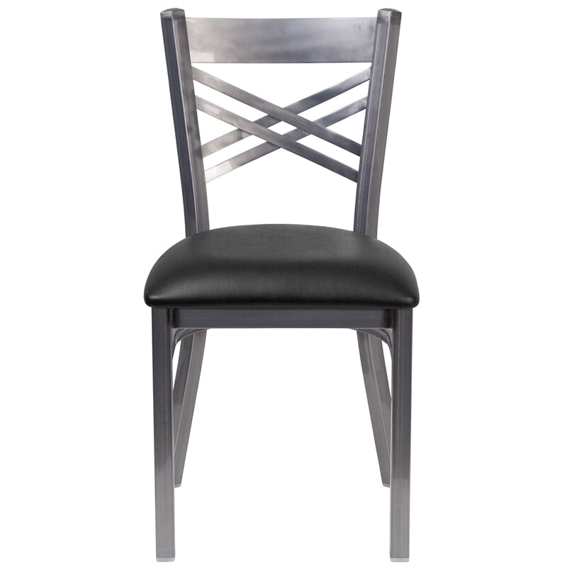 (10 PACK) Clear Coated ''X'' Back Metal Restaurant Chair with Black Vinyl Seat