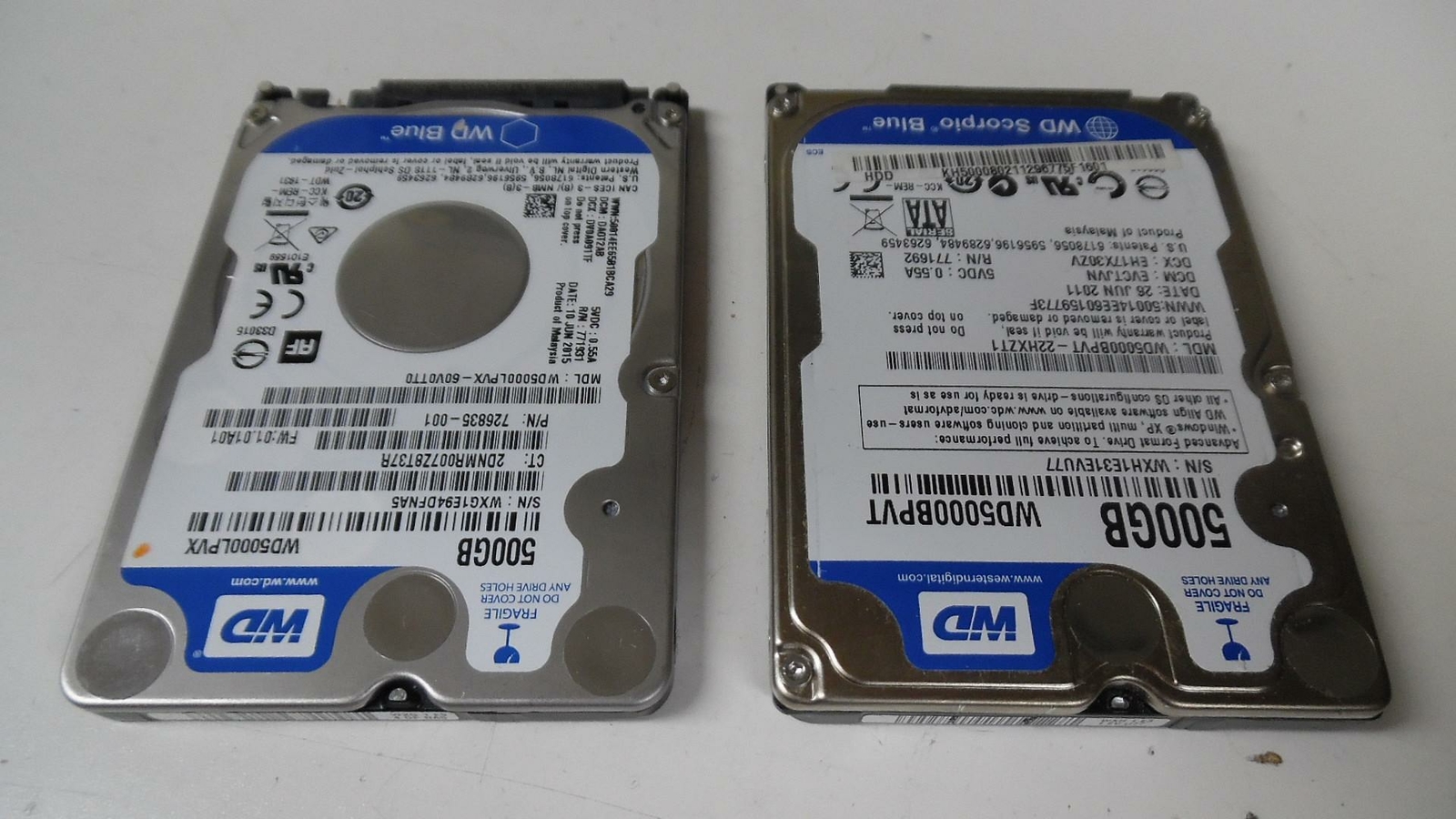 Pair of WD OEM 500GB 5400RPM SATA HD Drives - WD5000LPVX - See Desc/Photos