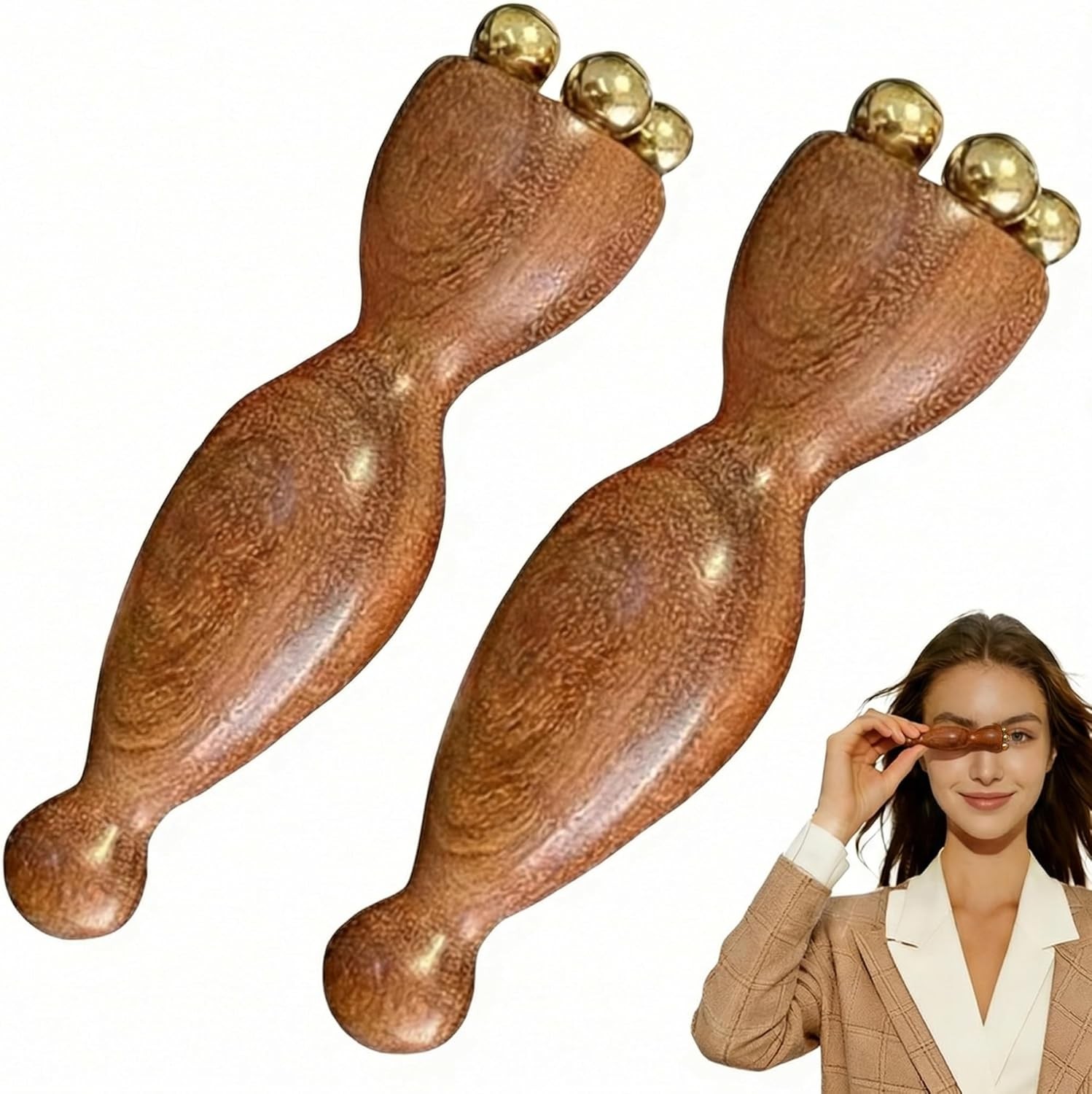 Facial Massage Tool Set 2pcs Sandalwood Eye Massager with 5 Copper Beads Wooden