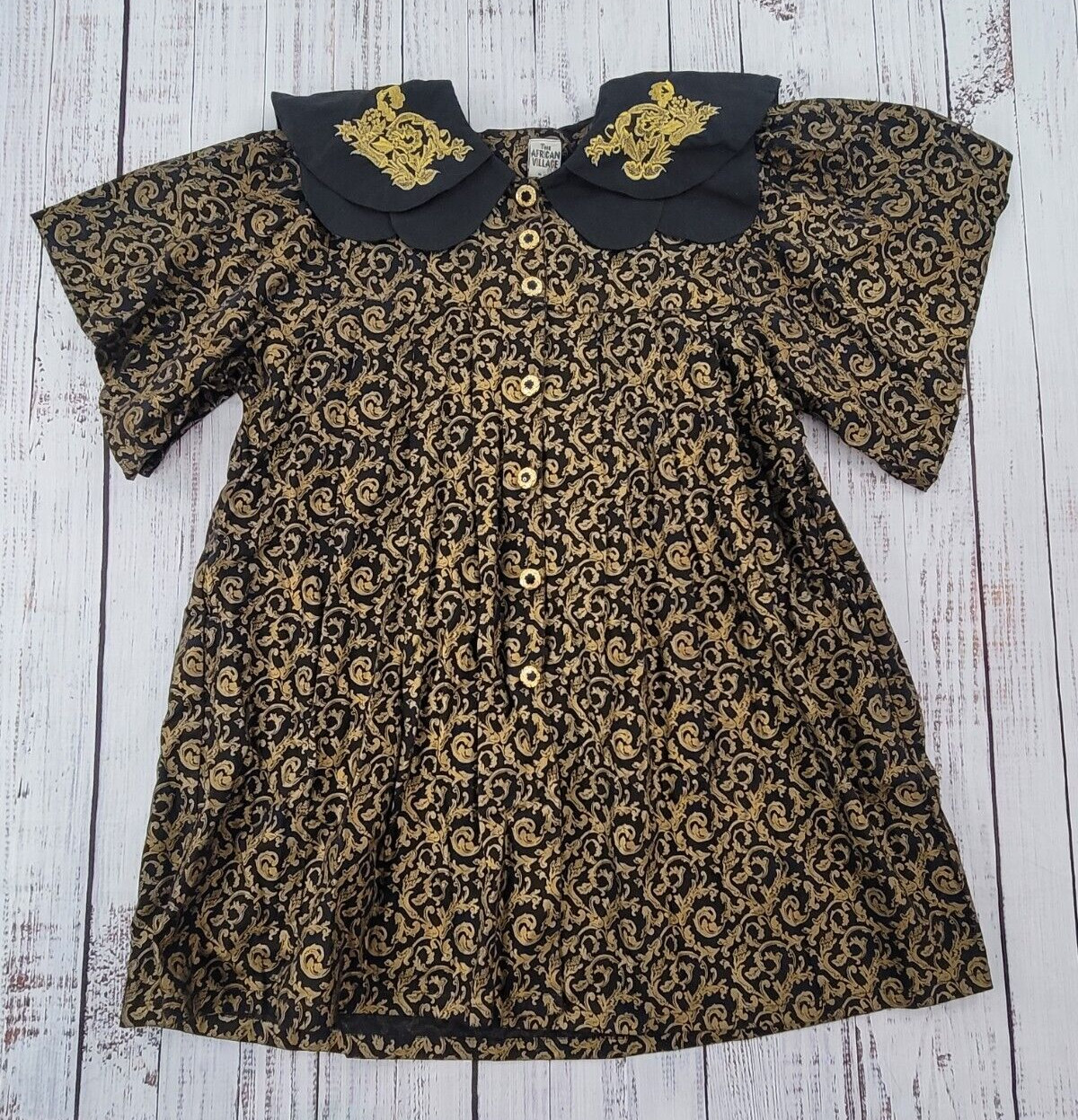 The African Village Black Gold Flourish Print Collared Dashiki Bubu Top OSFM