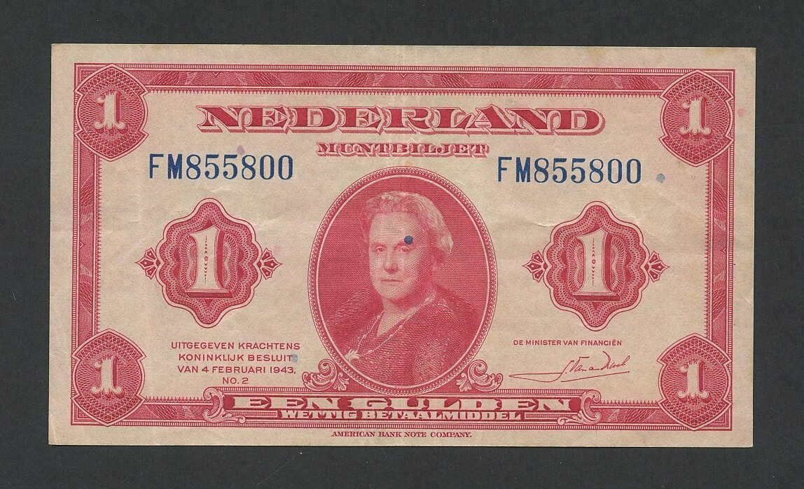 NETHERLANDS 1 gulden note 1943 Krause 64 World Paper Money