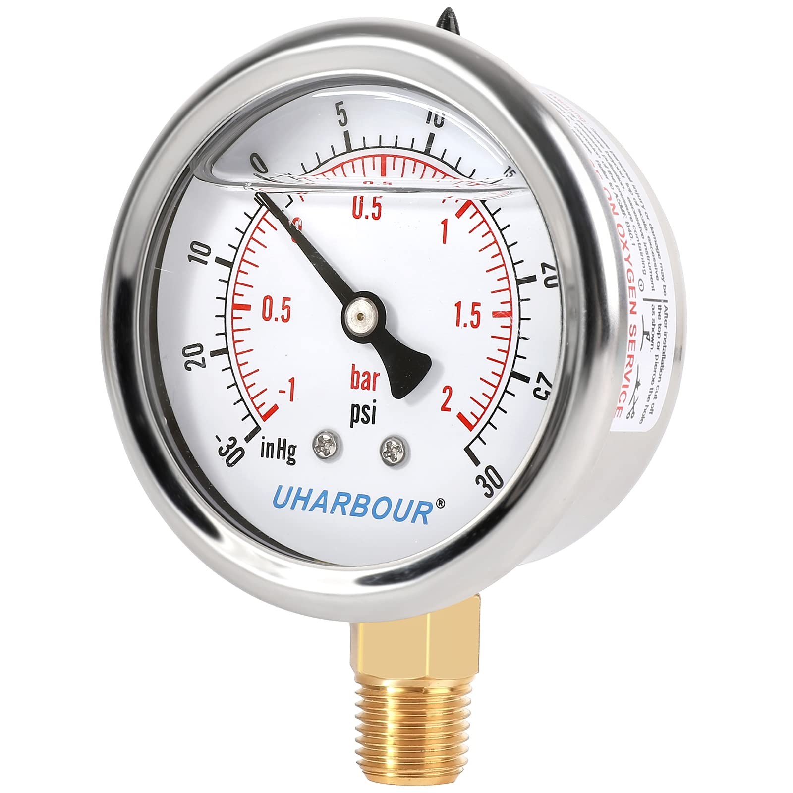 UHARBOUR Glycerin Filled Vacuum Pressure Gauge, 2-1/2" Clear （-30HG/30PSI）