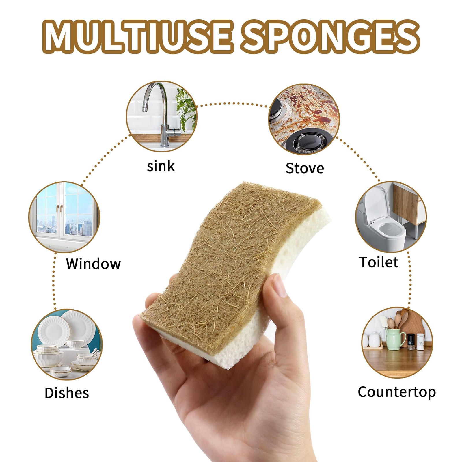 12 Pack Natural Kitchen Sponges, Biodegradable & Compostable | Non-Scratch Ce...