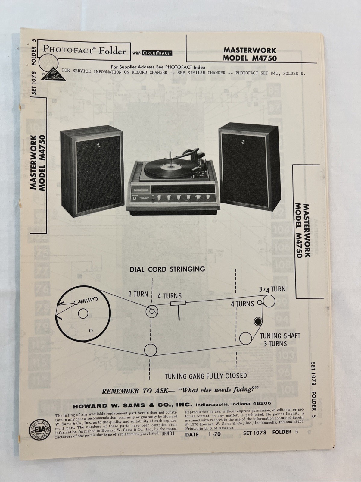 Vintage Sams Photofact Schematic 1-1970 MASTERWORK MODEL M4750