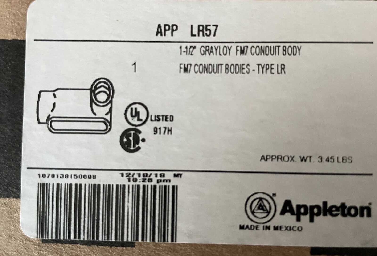Appleton LR57 1-1/2" Conduit Body Type LR