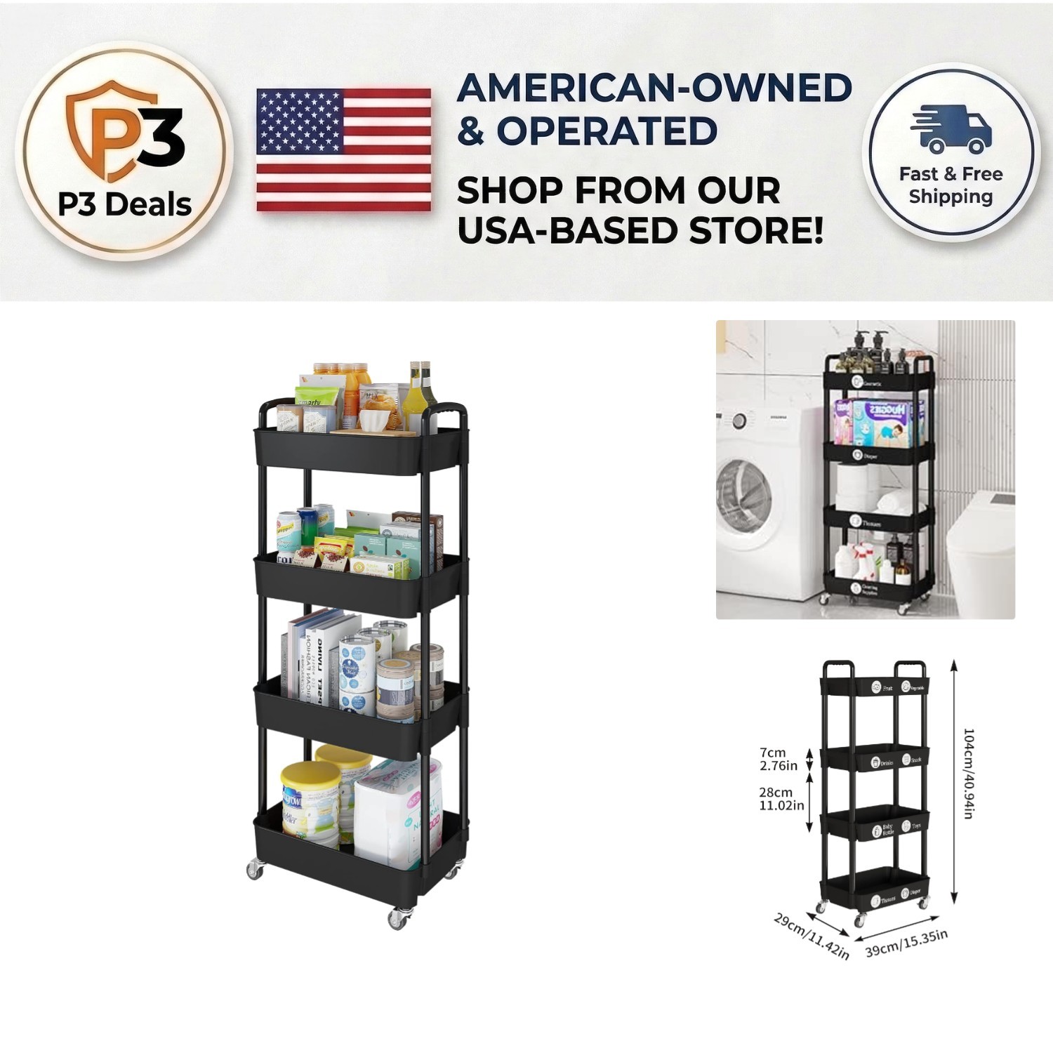 Multifunctional 4-Tier Rolling Cart - Sturdy Black Utility Cart for Every Room