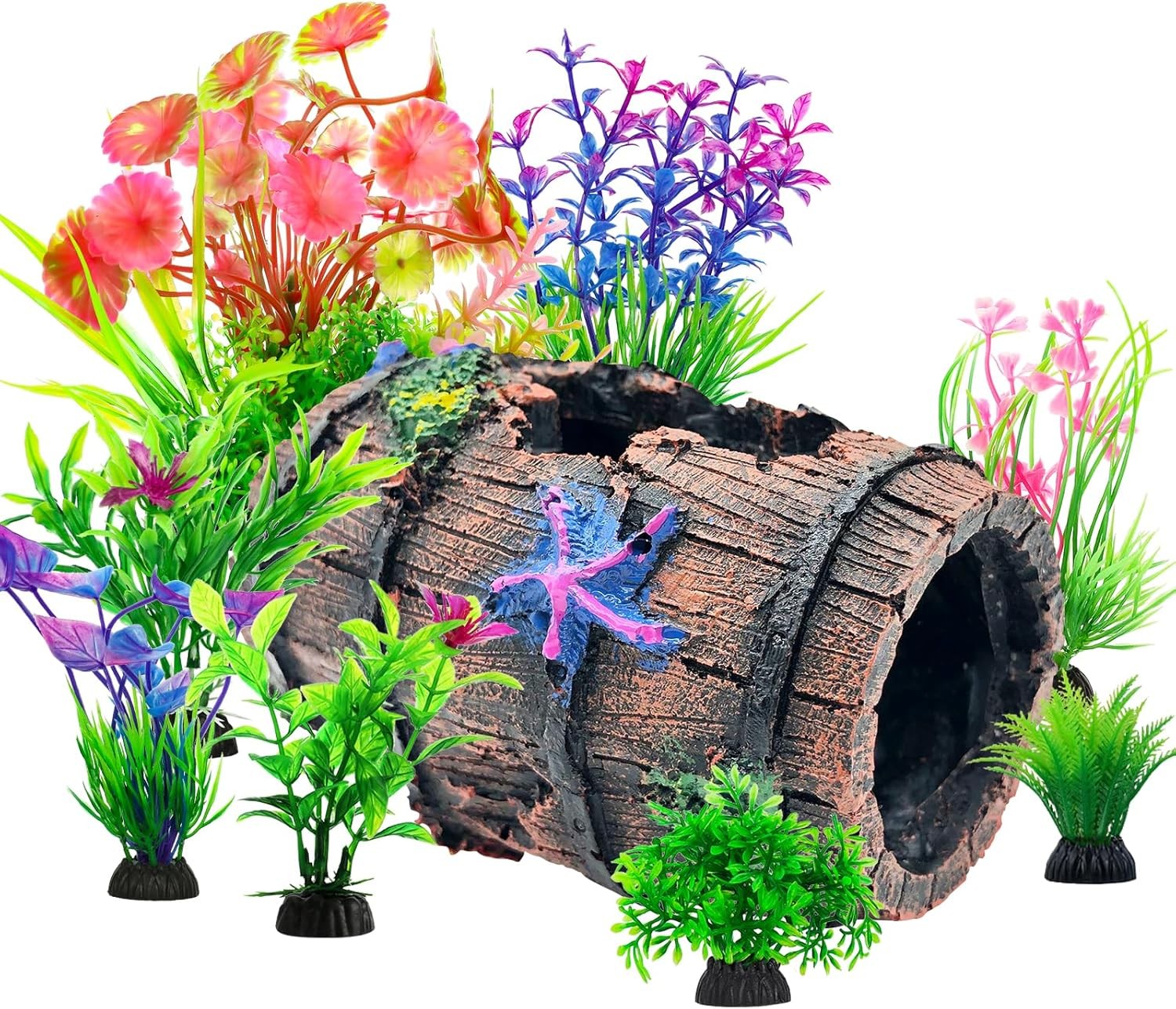 Fish Tank Decor Broken Barrel with 8 Aquarium Plants Set