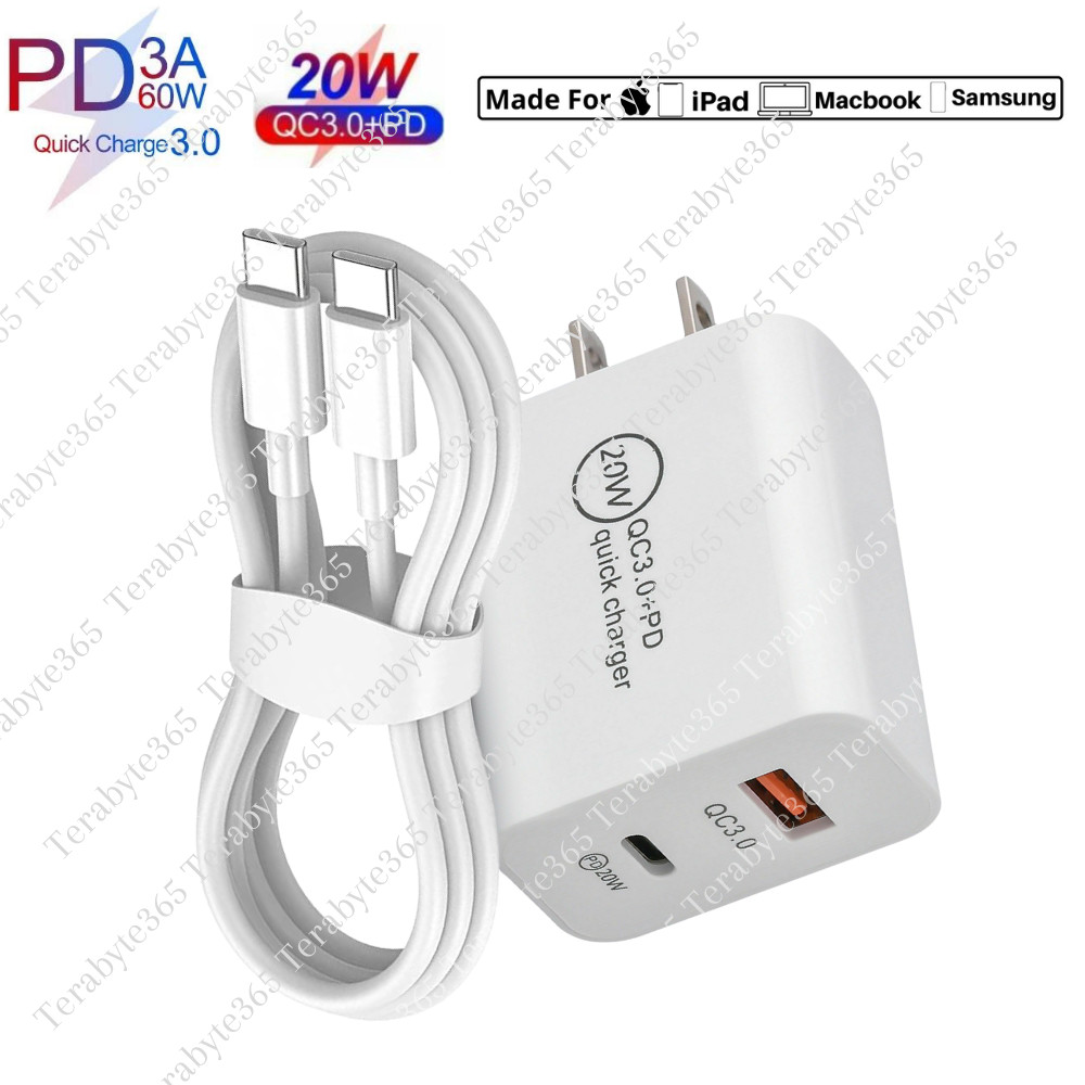For iPad Pro/Air/Mackbook 20W USB C Fast Charger Block PD 60W Type C To C Cable