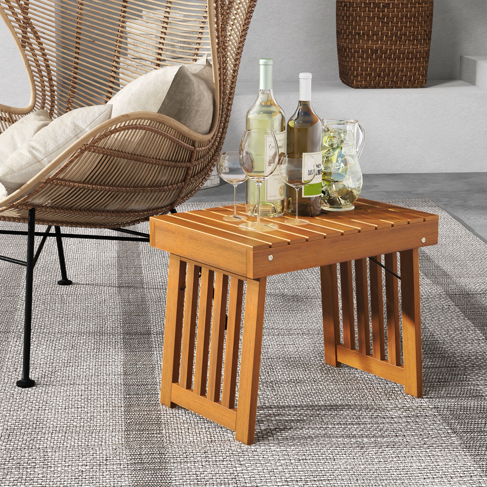 Patio Foldable Side Table Slatted Tabletop Backyard Garden Outdoor Wood Stand