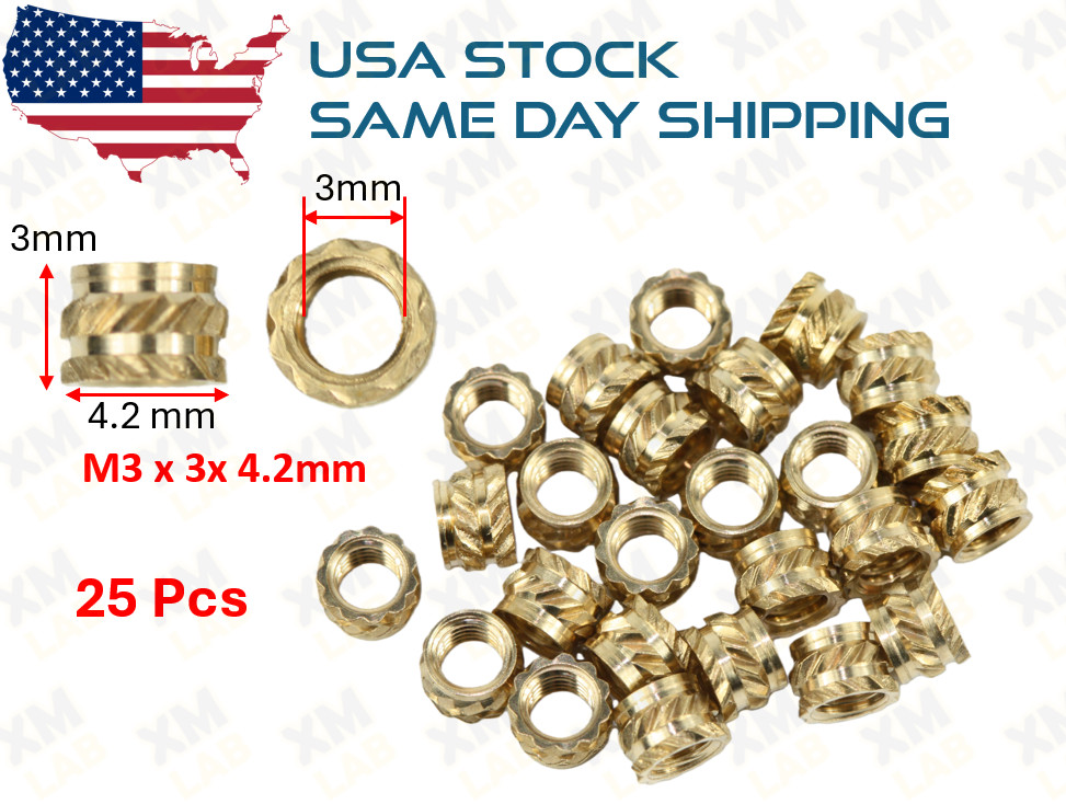25 Pcs M3 x 3mm Knurled Brass Threaded Heat Set Inserts 3D Printing
