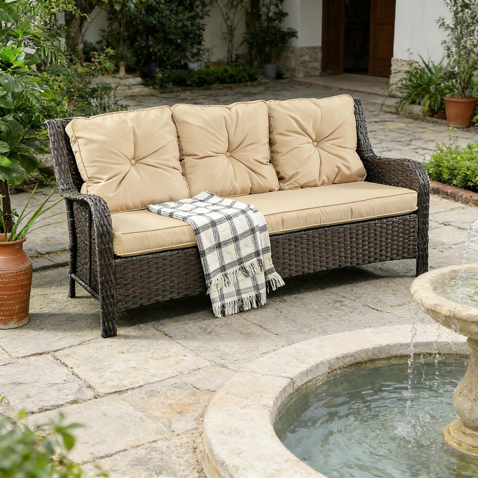 Patio Couch,Rattan Three-Seat Sofa|Beige,Brown Mix