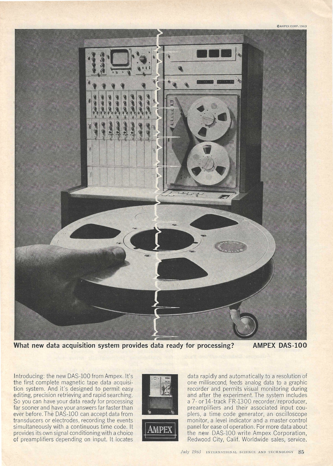 1963 Ampex Print Ad ~ Ampex DAS-100 "Data Ready for Processing"