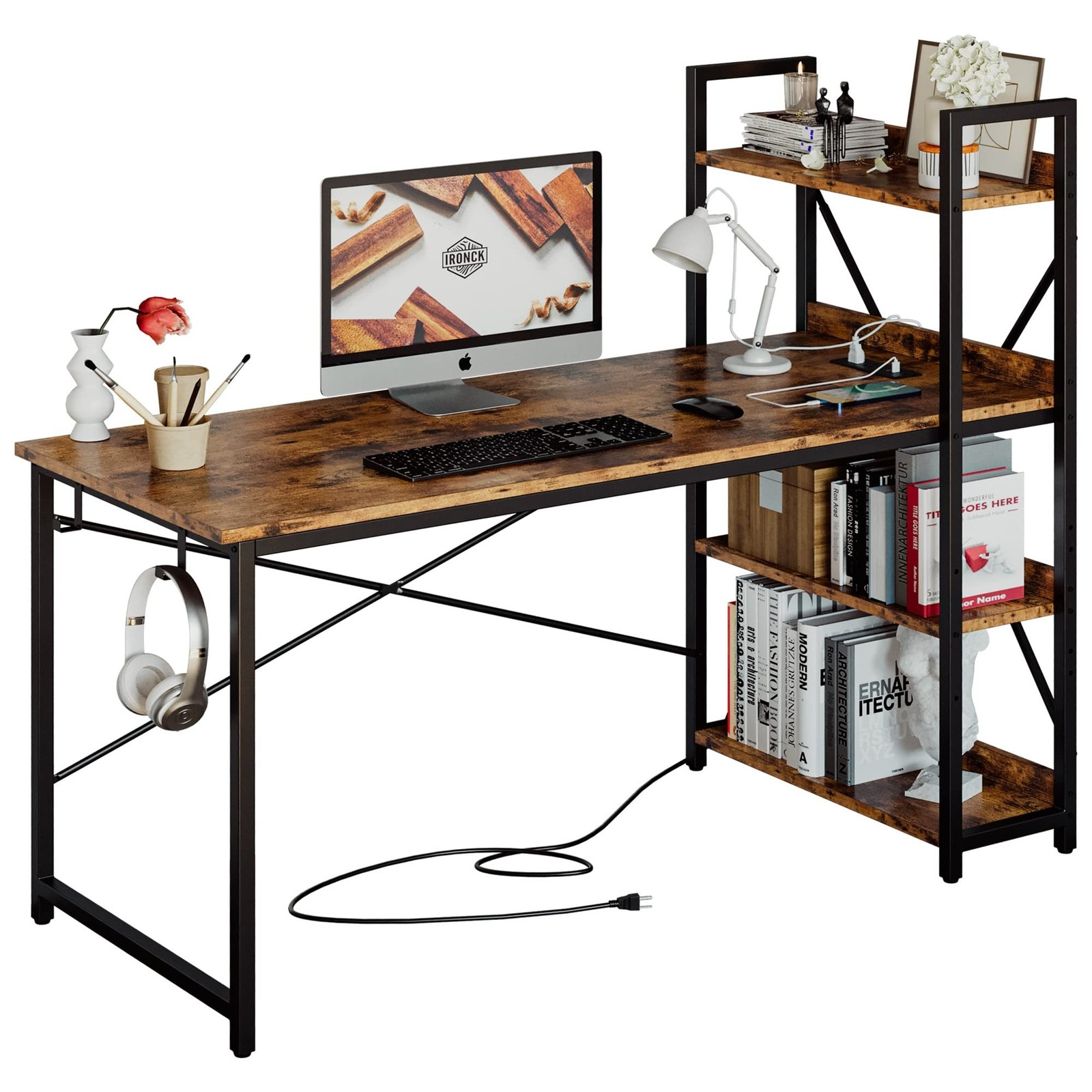 IRONCK Computer Desk 55" with Power Outlet and Storage Shelves, Study Writing...
