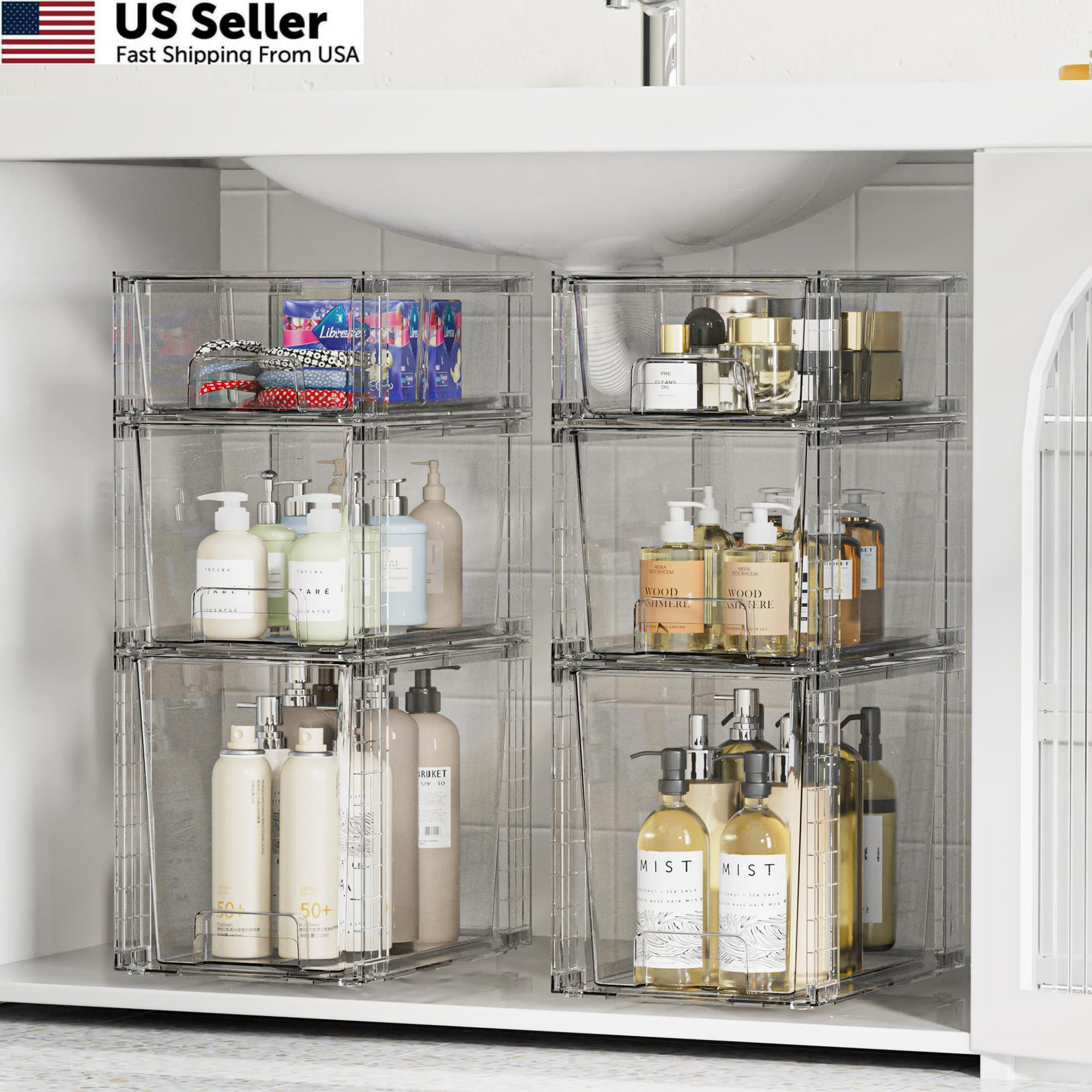 Vtopmart 3 Pack Clear Stackable Storage Drawers,Easy to Assemble Transparent
