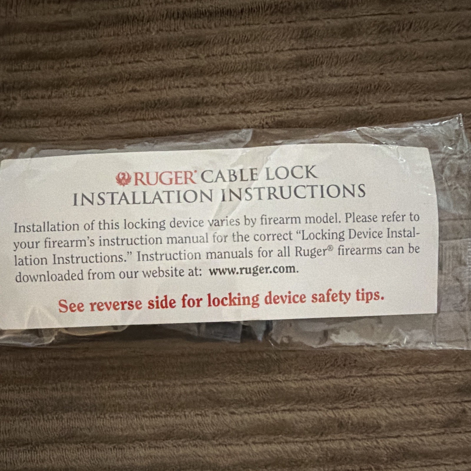 Ruger Black Cable Gun Lock w/ 2 Keys for Universal Lock Security Cable