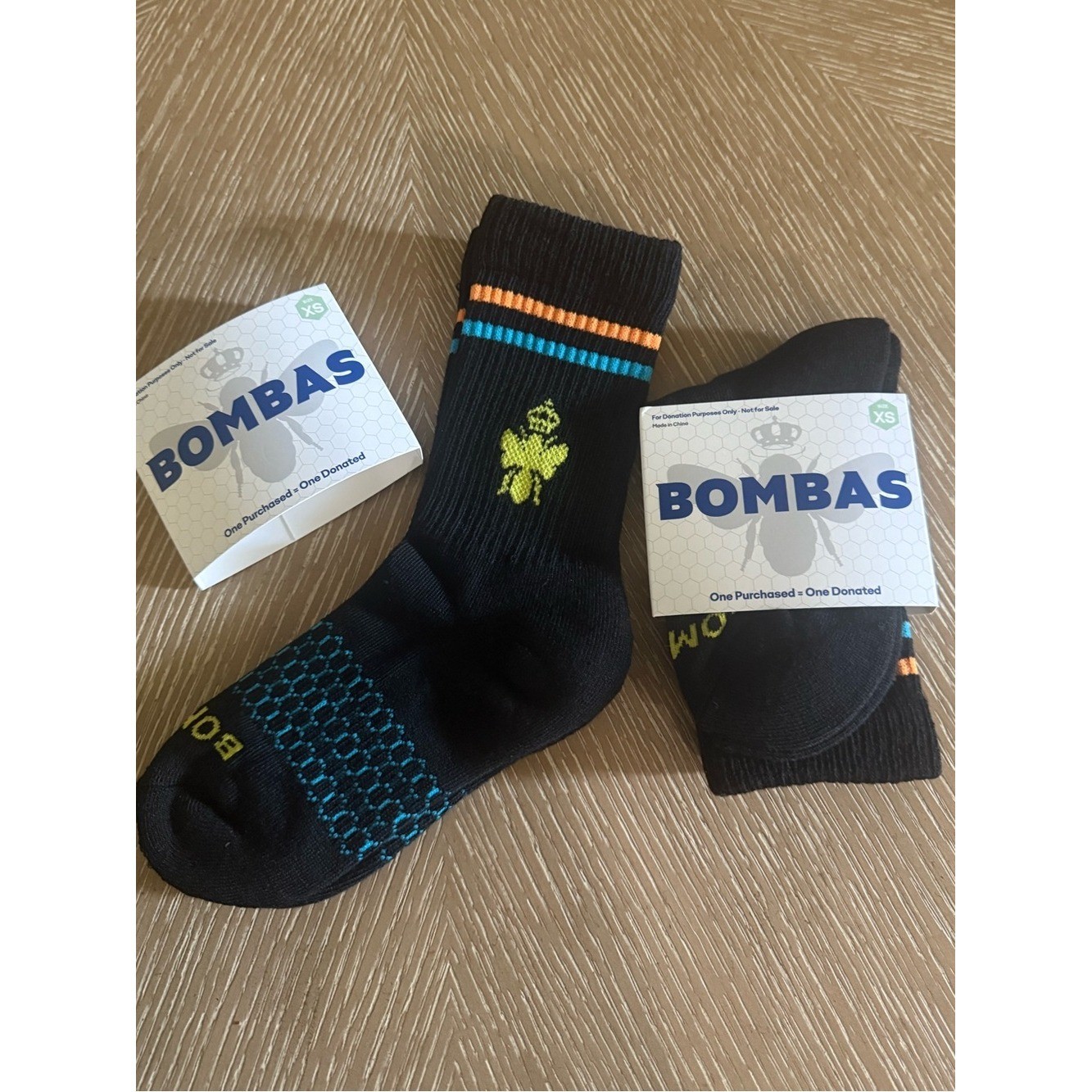 Bombas Youth XS Black Athletic Crew Socks with Blue & Orange Accents 2 Pack NWT