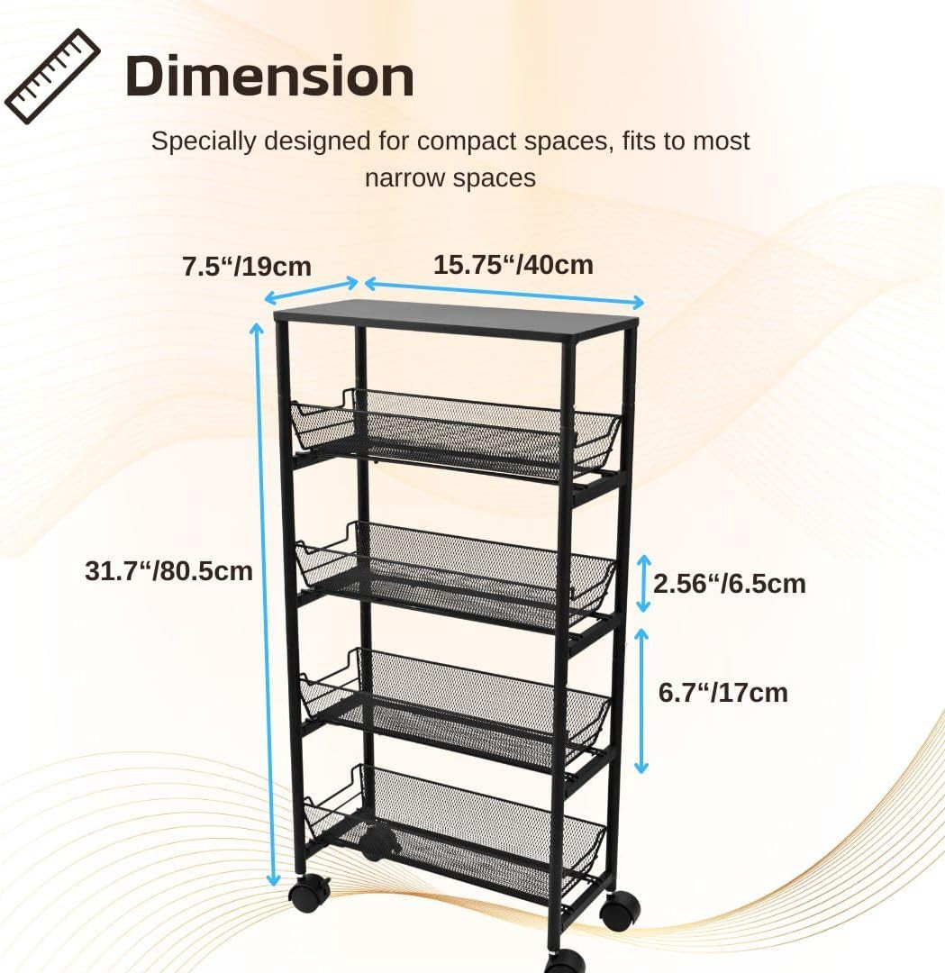 5-Tier Slim Storage Cart with Wheels, Rolling Utility Cart with 4 Pull-Out Mesh
