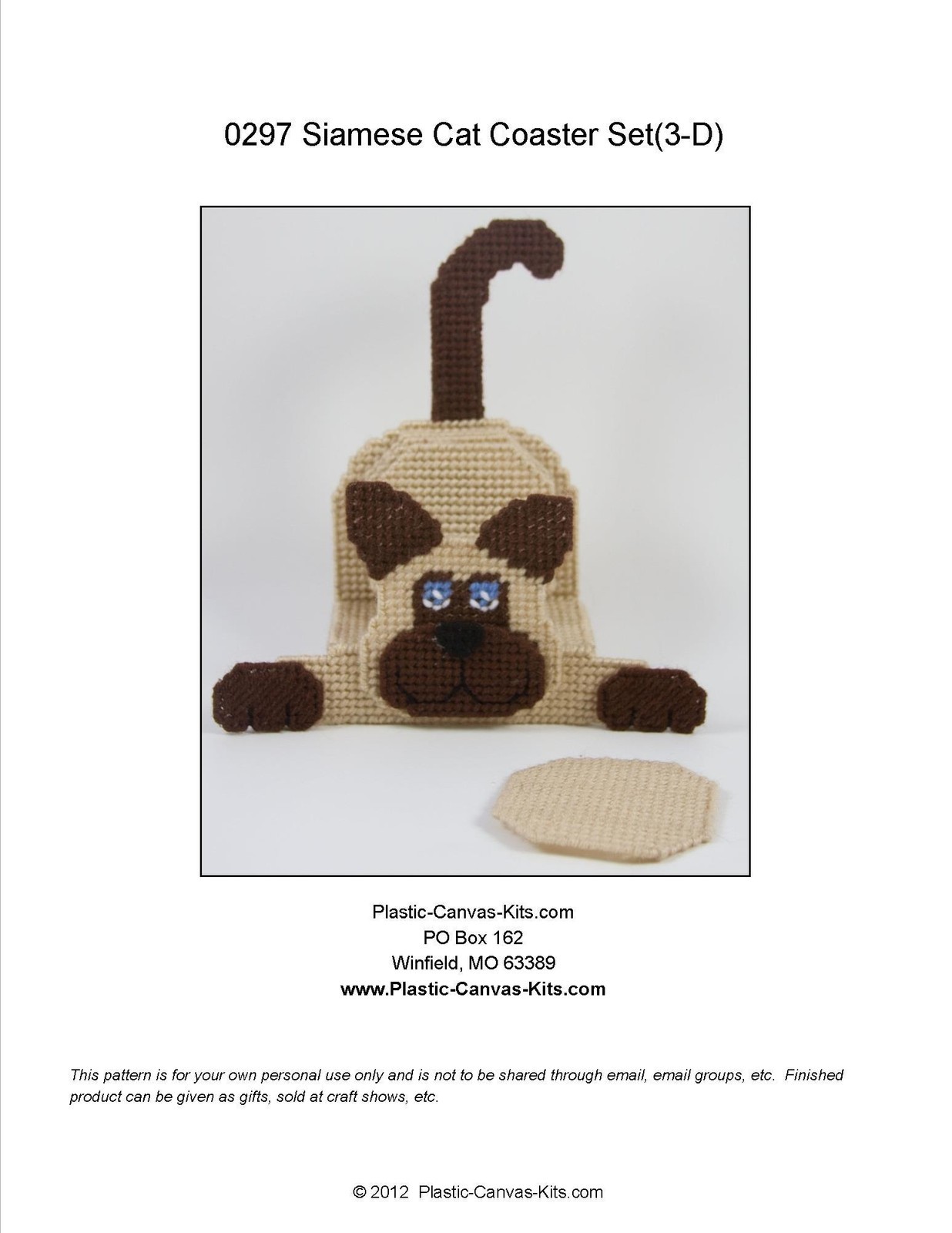 3-D Siamese Cat- Coaster Set-Plastic Canvas Pattern or Kit