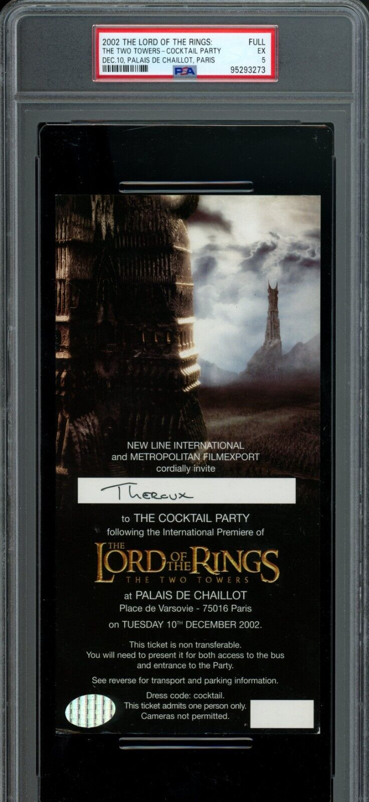 THE LORD OF THE RINGS: THE TWO TOWERS / 2002 Paris Cocktail Party Ticket, PSA 5