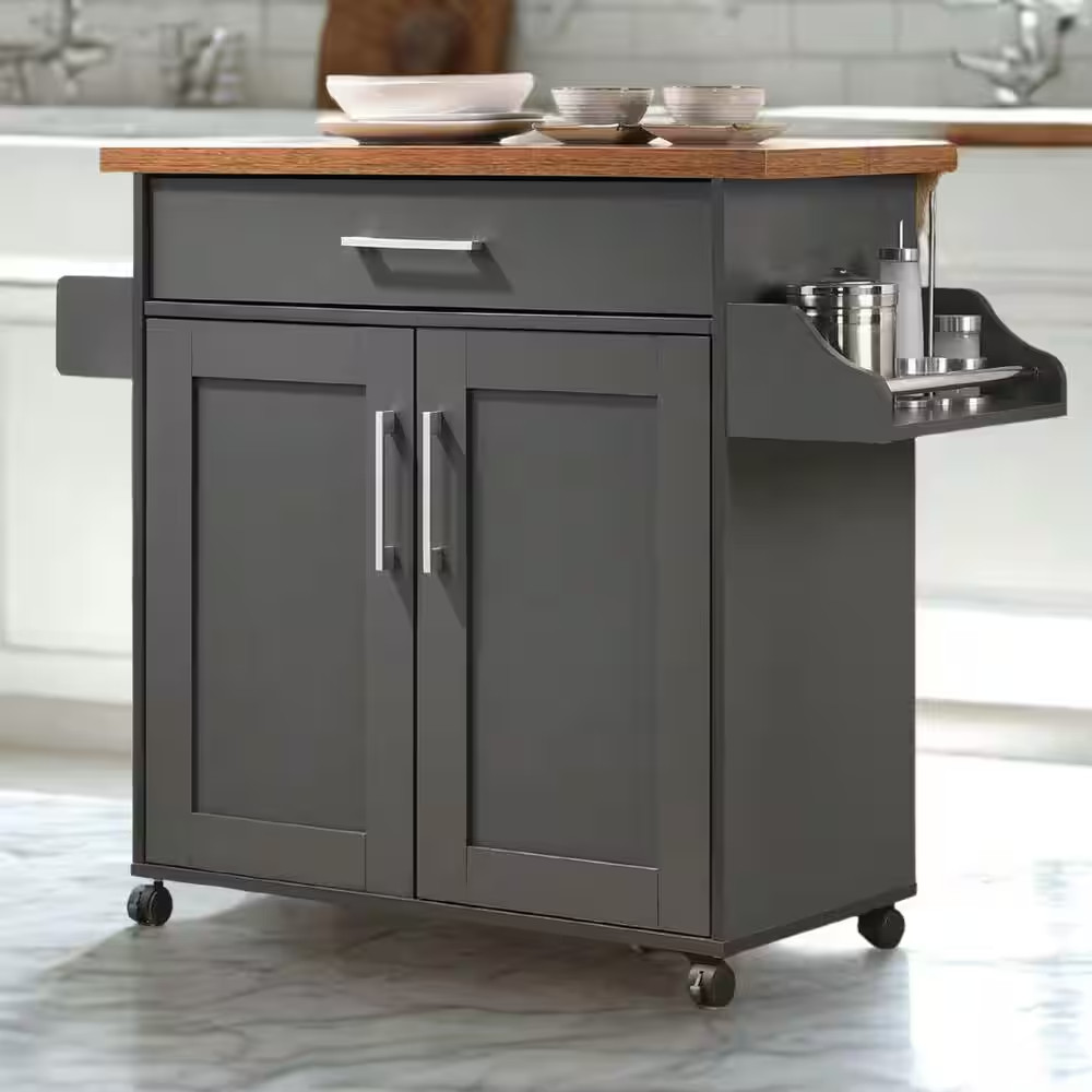 Grey Wood Top 35 In. Wide Kitchen Island Cart with Utensil Drawer, Cabinet Stora