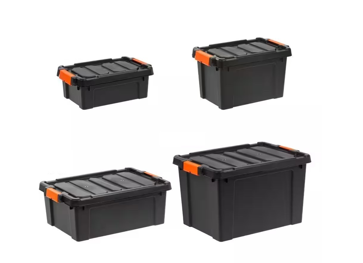 Heavy Duty Storage Tote Stackable Latching Lid Plastic Bin Black, Multiple Sizes