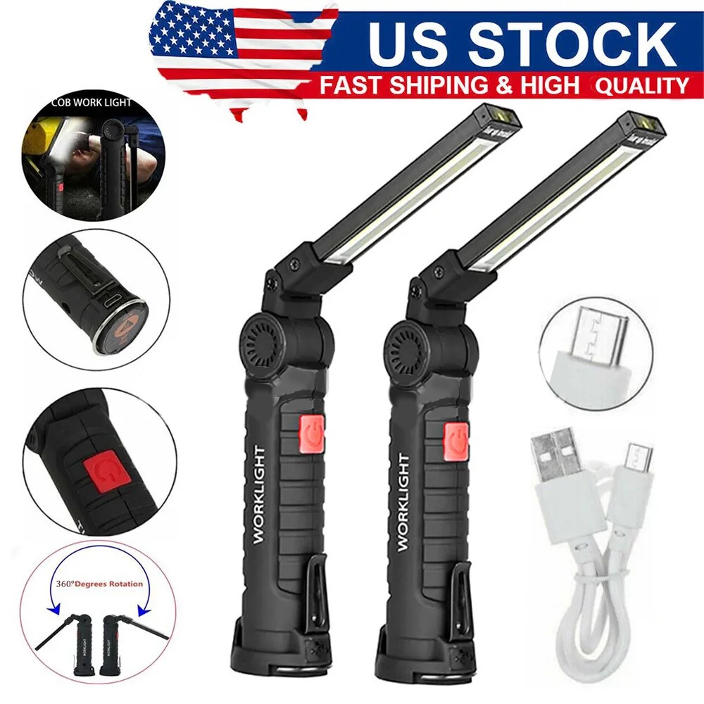 2Pcs Magnetic COB LED Work Lights 5 Modes Flashlight Inspection Rechargeable