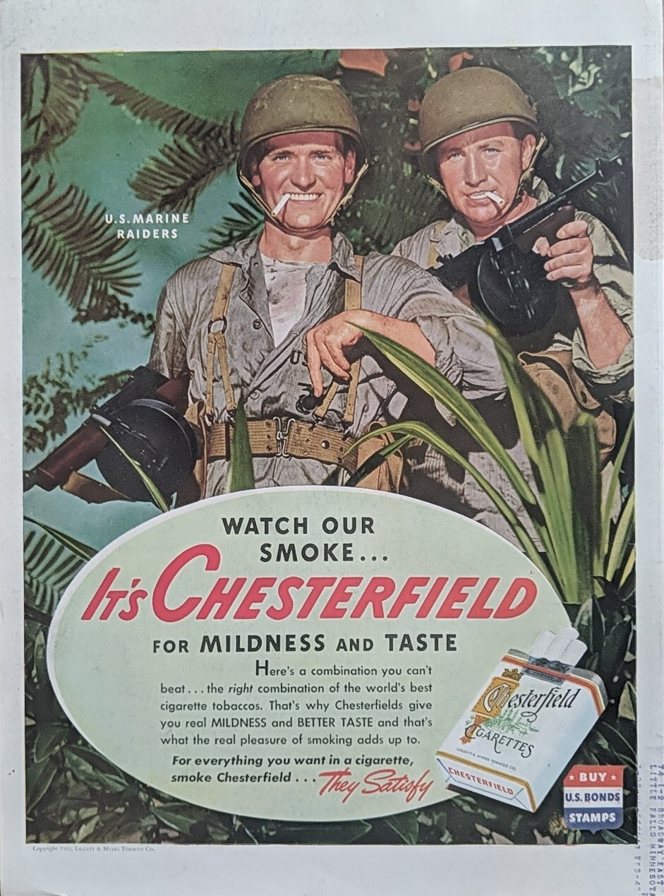1943 vintage Chesterfield cigarette print ad WW2 Army soldier