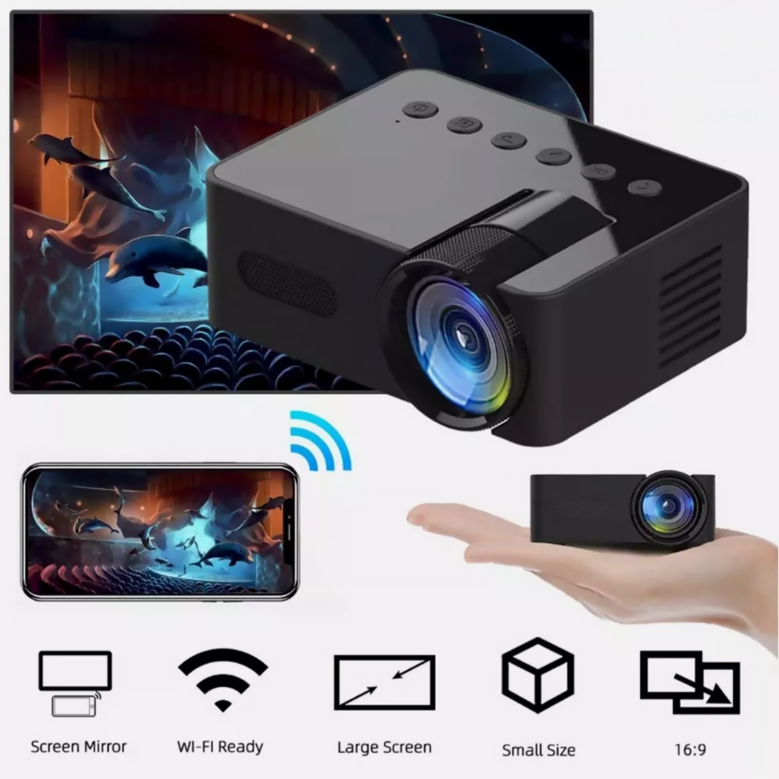 1set Portable Projector 1080P HD 16:9 Projection Multi-functional Connectivity