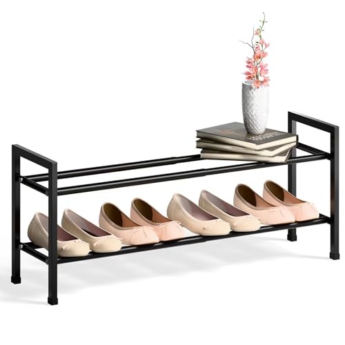 2 Tier Expandable Shoe Rack for Closet, 18“-33” Adjustable Shoe 2-Tier Black